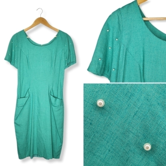 VINTAGE 1980s Turquoise Pearl Embellished Sheath Linen Blend Dress - Picture 1 of 15